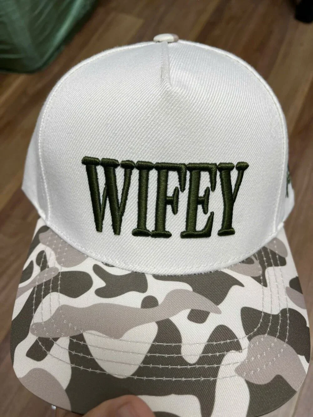 Wifey Embroidered Snapback Hat – Cream Crown Camo Flat Brim Cap with Olive Green